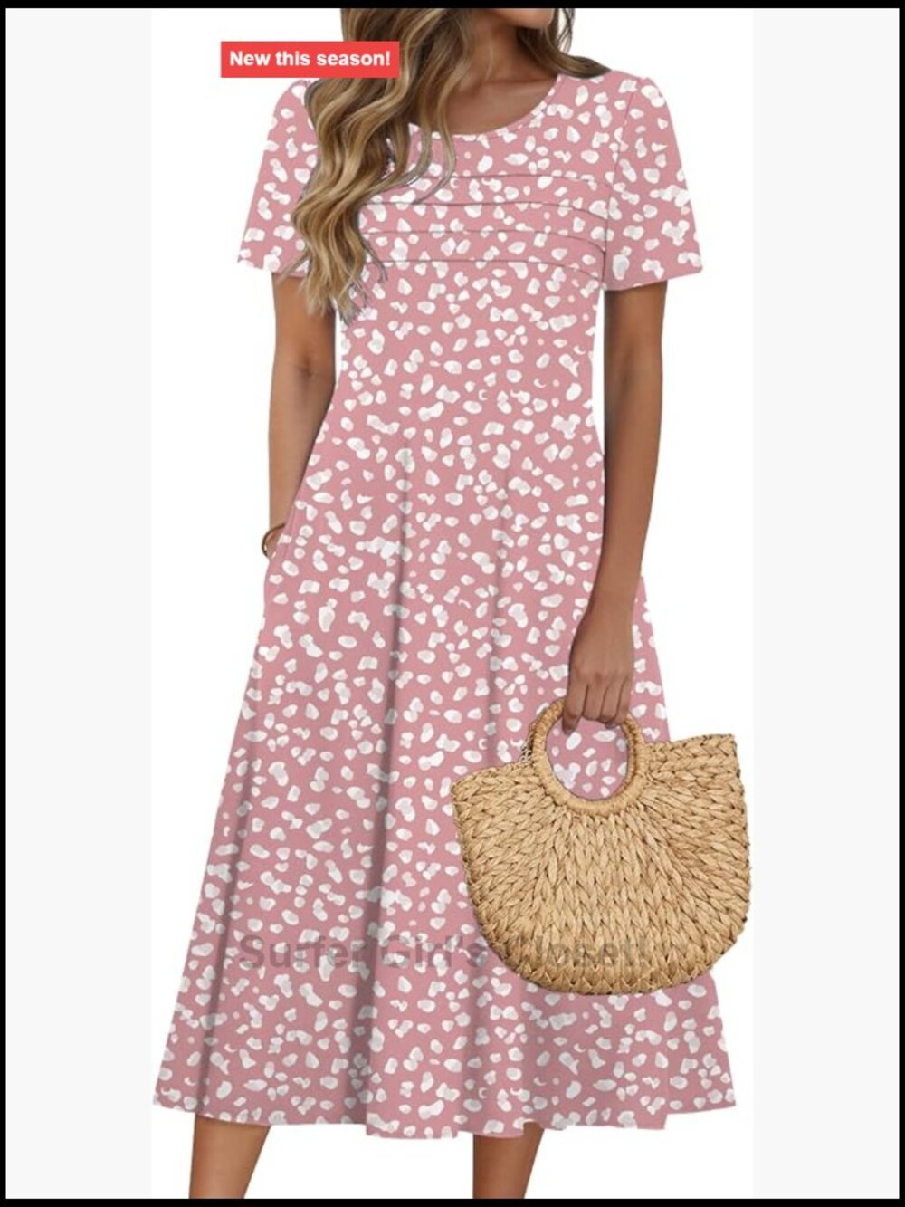 Women's Floral Pleated Puff Sleeve Midi Dress with Pockets Casual Beach